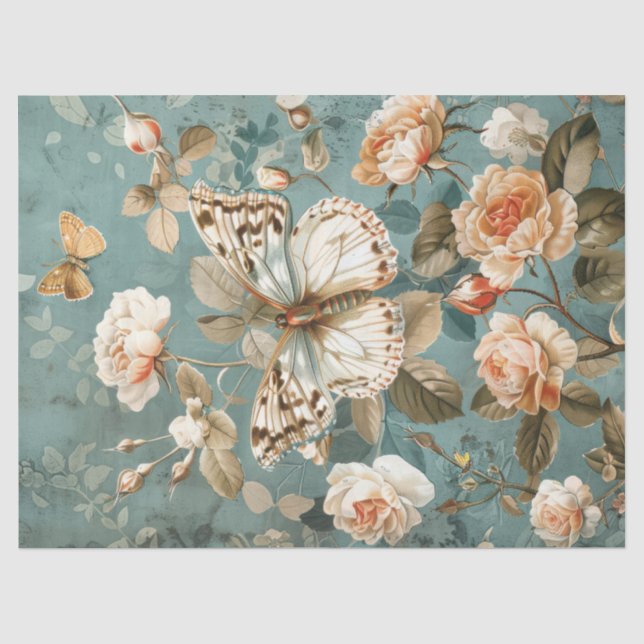 Shabby Chic, weißer Schmetterling und Rose zum Err Seidenpapier (Vorderseite)