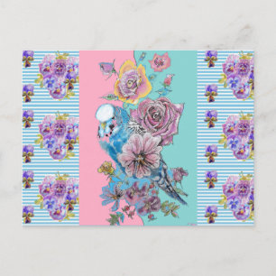 Shabby Chic Wellensittich Pastell Blau Streifen Ku Postkarte