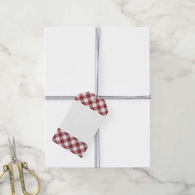 Shabby Chic White Light Maroon Red Gingham Geschenkanhänger (Mit Garn)