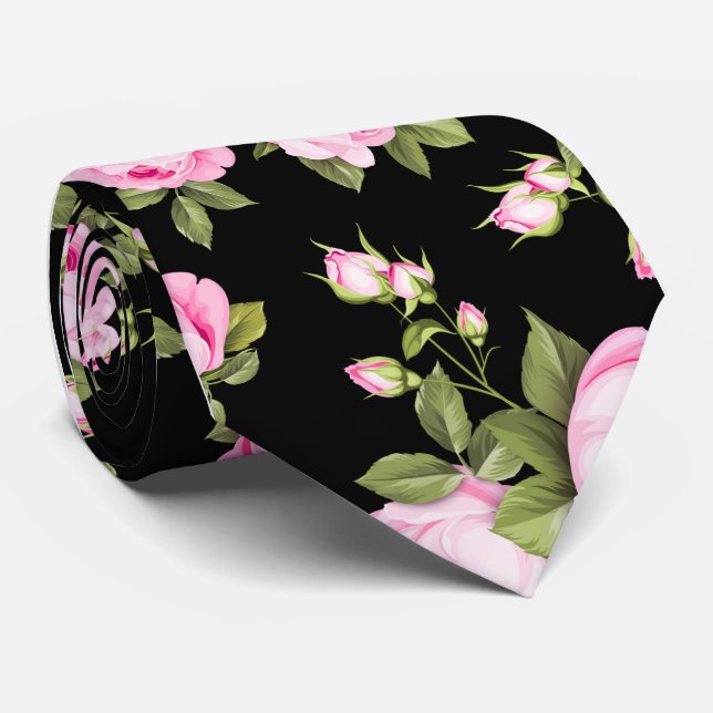 Shabby Chick Pink Roses auf schwarz Krawatte (Gerollt)