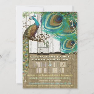 Shabby Country Peacock Vintag 3 Feathers Old Wood Einladung