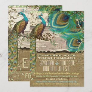 Shabby Country Peacock Vintag 3 Feathers Old Wood Einladung