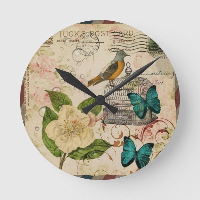 shabby elegance floral bird french botanical runde wanduhr (Vorderseite)