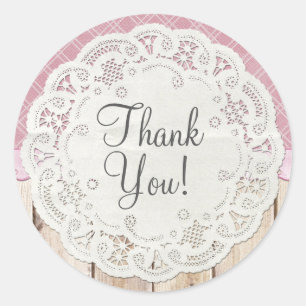 Shabby Hütte Chic Doily on Rustic Wood Vielen Dank Runder Aufkleber