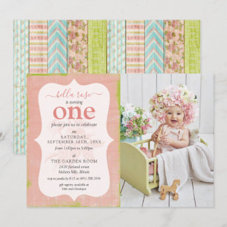 Shabby Hütte Pink Rose Baby Girl Birthday Foto Einladung
