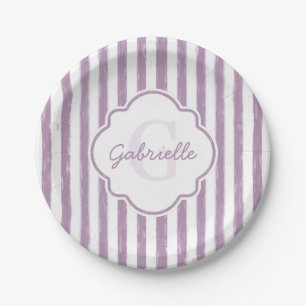 Shabby Lila gestrichene Streifen Monogramm und Nam Pappteller