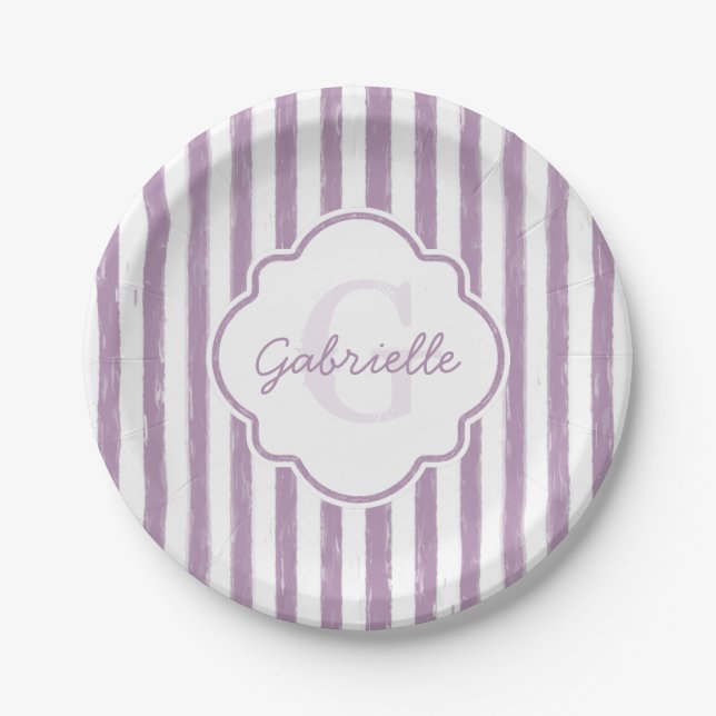 Shabby Lila gestrichene Streifen Monogramm und Nam Pappteller (Vorderseite)