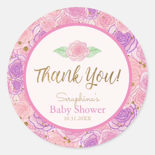 Shabby Niedlich Glitzer Rose Babydusche Danke Runder Aufkleber (Vorderseite)