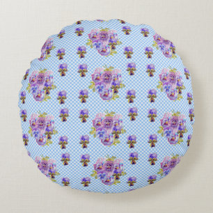 Shabby Pansy Floral Blue Gingham Blume Retro Rundes Kissen