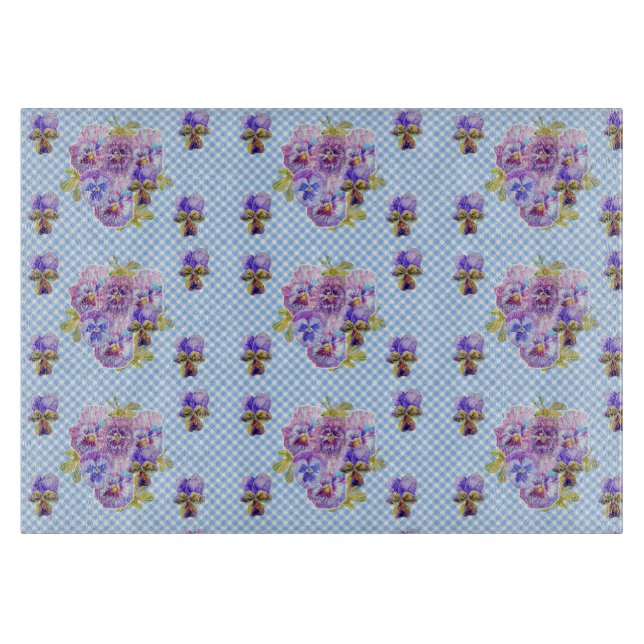 Shabby Pansy Floral Blue Gingham Magnetic Frame Schneidebrett (Vorderseite)