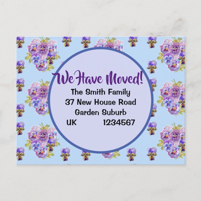 Shabby Pansy neue Adresse Postcard, wir bewegen un Postkarte (Vorderseite)