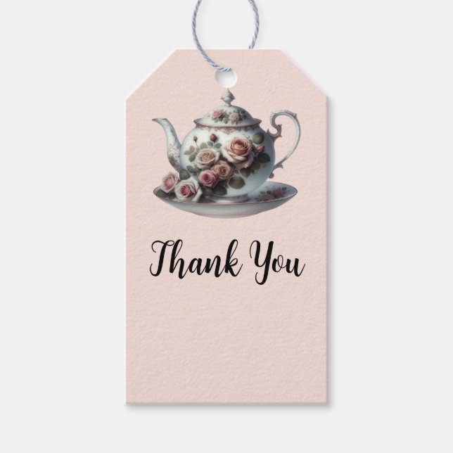 Shabby Pink Rose Vines Floral Bridal Teedusche Geschenkanhänger (Vorderseite)