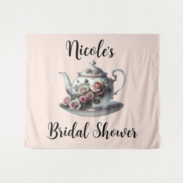 Shabby Pink Rose Vines Floral Bridal Teedusche Wandteppich (Vorderseite (Horizontal))