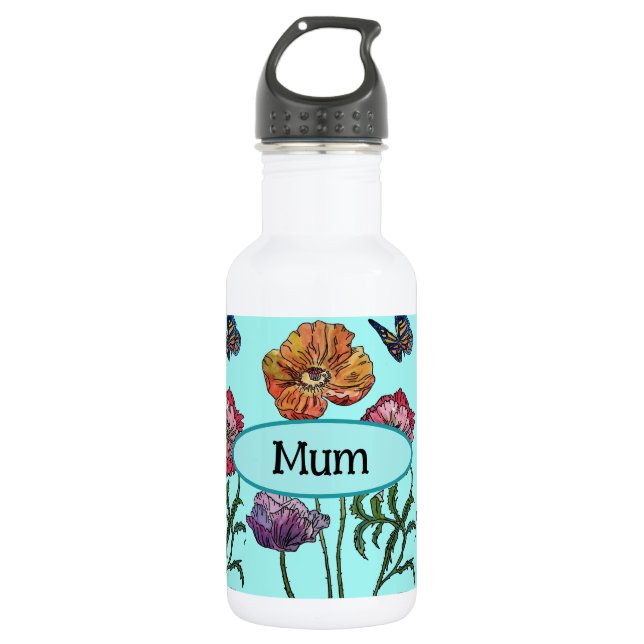 Shabby Poppy Red Lila am Aqua Mum Mütter Day Edelstahlflasche (Vorderseite)