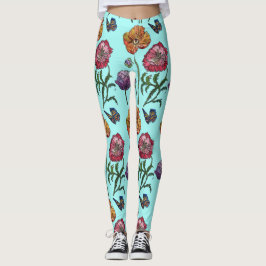 Shabby Poppy Red Lila Aqua Türkis Kunst Leggings