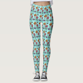 Shabby Poppy Red Lila Aqua Türkis Kunst Leggings
