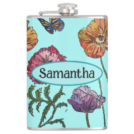 Shabby Poppy Red Lila auf Aqua Anpassungsname Flachmann