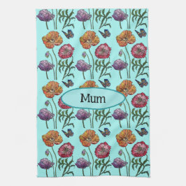 Shabby Poppy Red Lila auf Aqua Anpassungsname Geschirrtuch