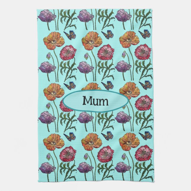 Shabby Poppy Red Lila auf Aqua Anpassungsname Geschirrtuch (Vertikal)