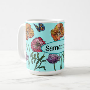 Shabby Poppy Red Lila auf Aqua Anpassungsname Kaffeetasse