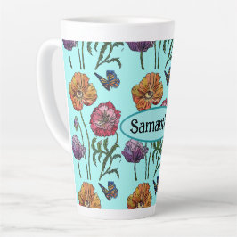 Shabby Poppy Red Lila auf Aqua Anpassungsname Milchtasse