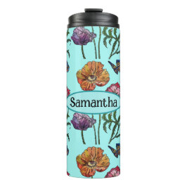 Shabby Poppy Red Lila auf Aqua Anpassungsname Thermosbecher