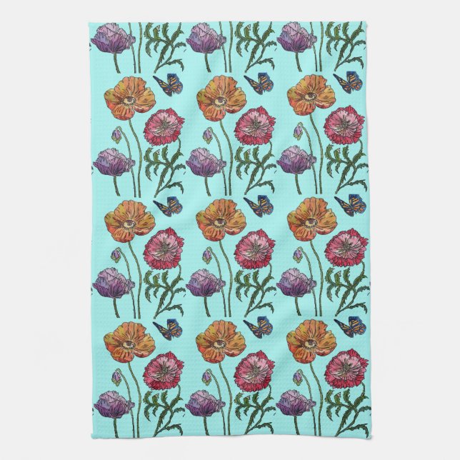 Shabby Poppy Red Lila auf Aqua Turquoise Geschirrtuch (Vertikal)