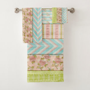 Shabby Rose Pastel Muster auf rustikale Hütte Holz Badhandtuch Set