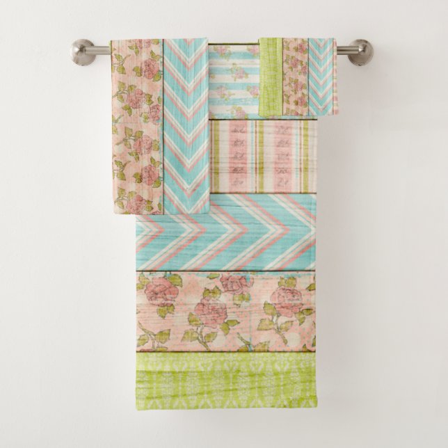Shabby Rose Pastel Muster auf rustikale Hütte Holz Badhandtuch Set (Insitu)