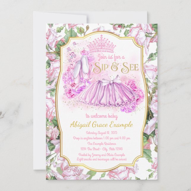 Shabby Rose Tutu Princess Sip und Siehe Einladunge Einladung (Vorderseite)