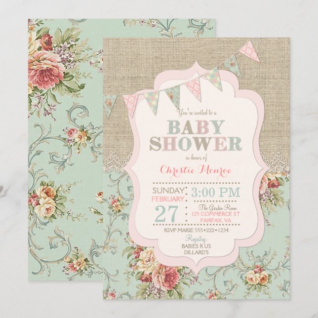 Shabby Rustic Country Chic Floral Lace Burlap Einladung (Vorne/Hinten)