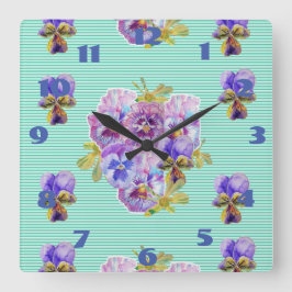 Shabby Stiefmütterchens Pansy Floral Aqua Türkis Quadratische Wanduhr