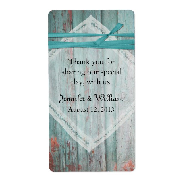 Shabby Turquoise Wood Wedding Mini Wein Label (Vorne)