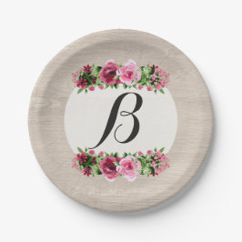 Shabby Vintage Rose Rustic Wood Monogram Pappteller