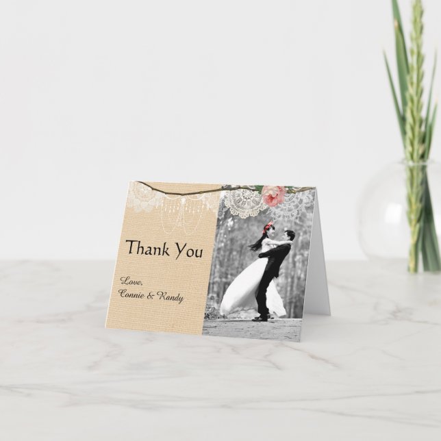 Shabbychic Burlap Pink Floral Lace Wedding Danke (Vorderseite)
