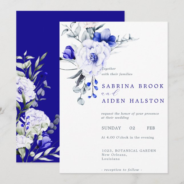 Shade of Royal Blue Elfenbein Blumenhochzeit Einladung (Vorne/Hinten)