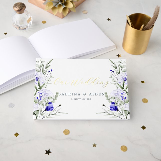 Shade of Royal Blue Elfenbein Blumenhochzeit Gästebuch (Vorderseite Offen)