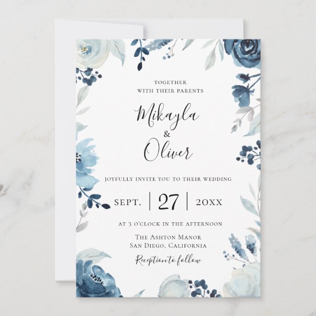 Shades of Blue Botanical Floral Wedding Einladung (Vorderseite)