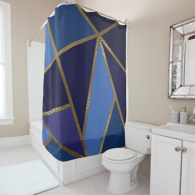 Shades of Blue & Gold Bronze Geometric Chic Duschvorhang (Beispiel)