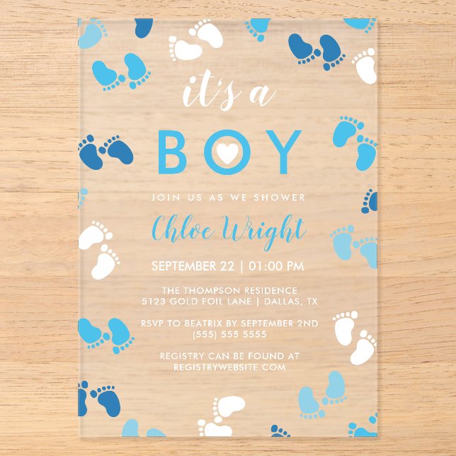 Shades of Blue It's A Boy Baby Footprints Acryleinladungen (Vorderseite)
