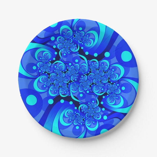 Shades of Blue Modern Abstrakt Fraktal Art Pappteller (Vorderseite)