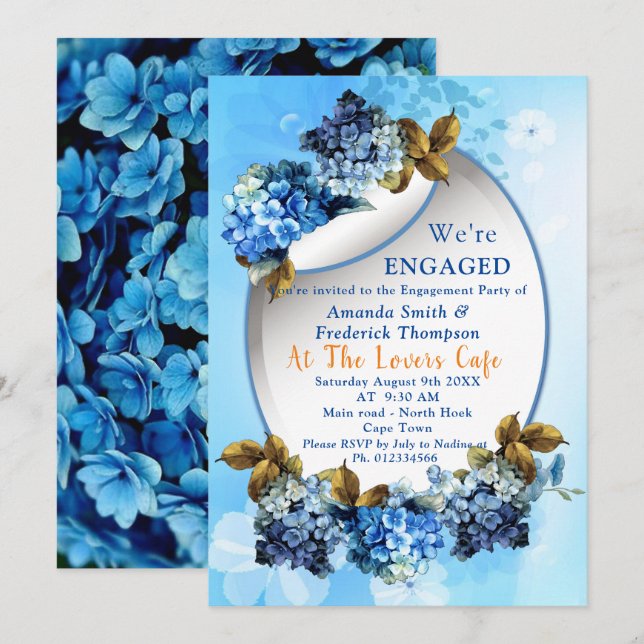 Shades of Blue Watercolor Hydrangeas Verlobung Einladung (Vorne/Hinten)