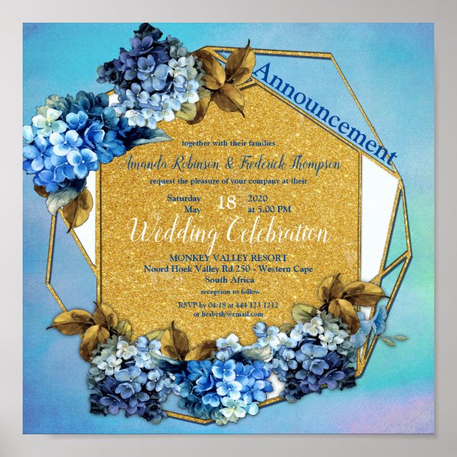 Shades of Blue Watercolor Hydrangeas Wedding Poster (Vorne)