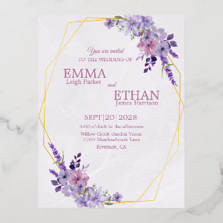 Shades of Dusty Purple Blooms Geometric Wedding  Folie Einladungspostkarte