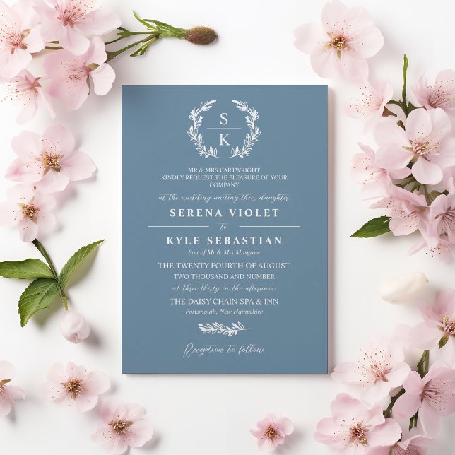 Shadow Blue Laurel Wreath Monogram Wedding Einladung (Von Creator hochgeladen)