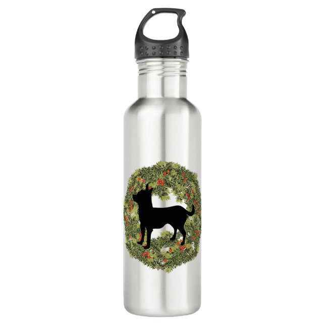 Shadow Silhouette Chihuahua in einem Kranz Edelstahlflasche (Vorderseite)