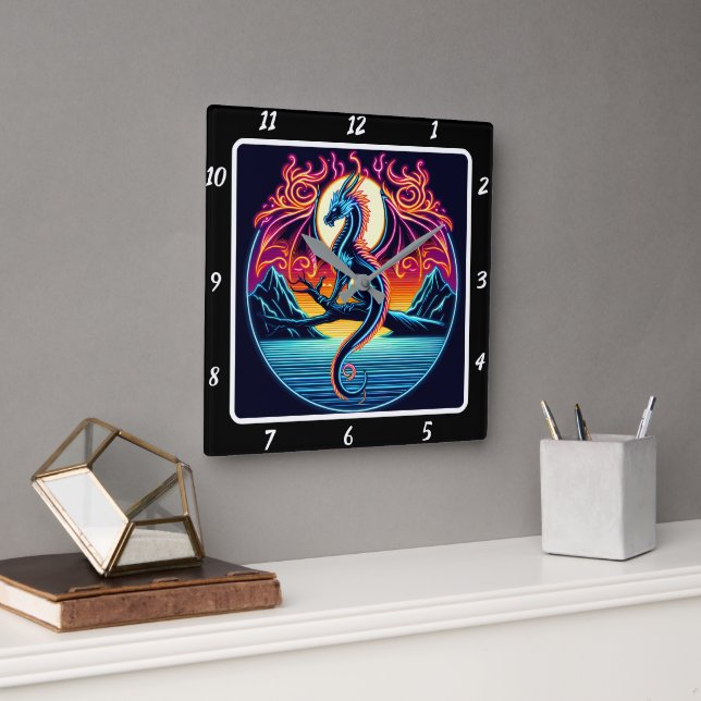 Shadowfire Neon Dragon Quadratische Wanduhr (Büro)