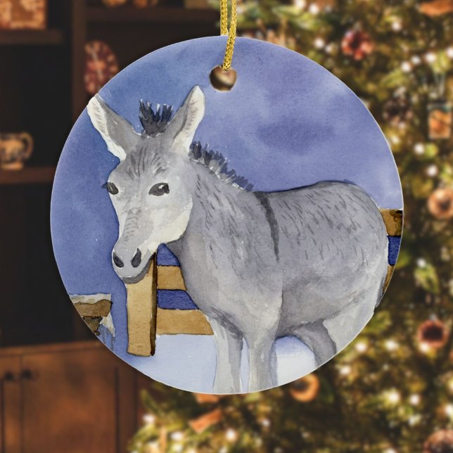 Shaggy Donkey (Friendly Beasts Series) Keramik Ornament (Donkey Friendly Beast ornament hanging in front of a Christmas tree in a living room)