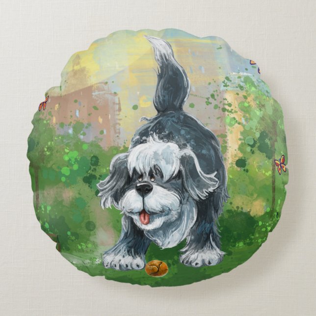 Shaggy Sheep Dog Rundes Kissen (Vorderseite)