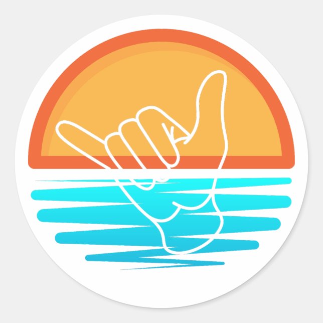 Shaka Surfer Hand Signieren über Beach Sunset Stic Runder Aufkleber (Vorderseite)